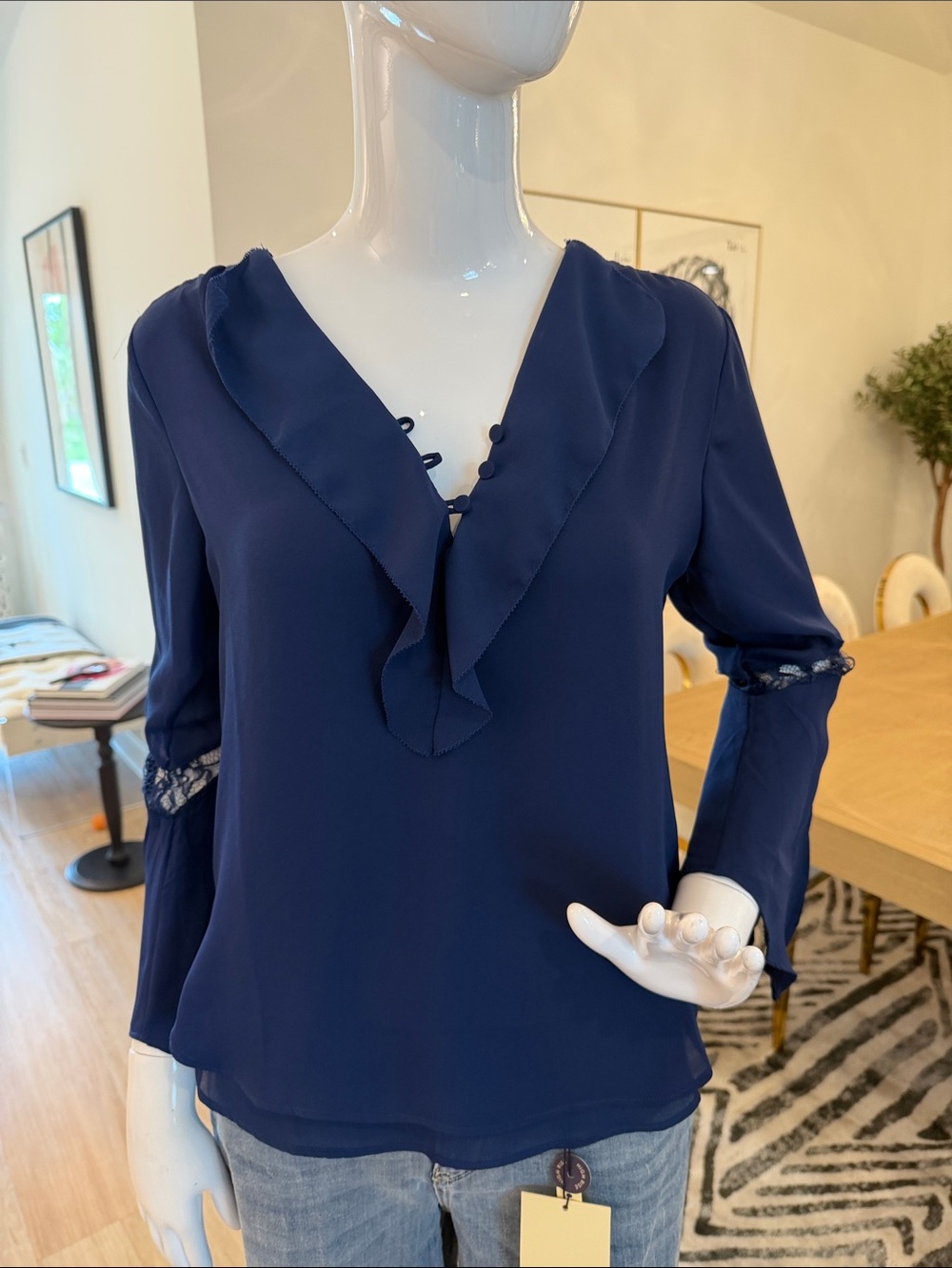 Colleen Lopez Navy Ruffle Front Blouse